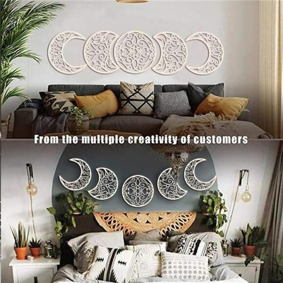 Nordic Wood Moon Phase Wall Art (5 Pieces) - Natural Design, Boho Bedroom - Picture 6 of 8